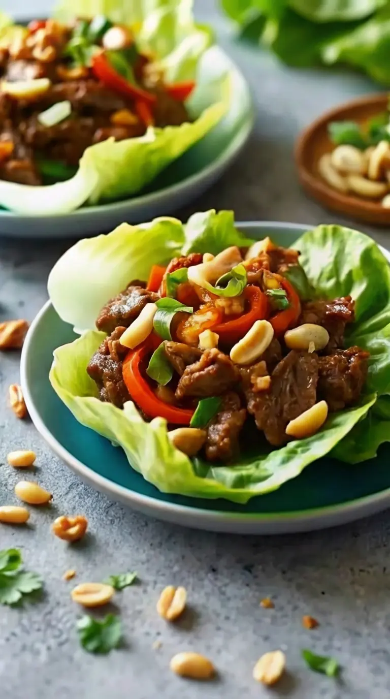 A close-up, slightly overhead shot of a single Crispy Beef and Cashew Lettuce Cup on a minimalist white ceramic bowl, revealing the tender, saucy beef filling, vibrant red bell pepper strips, green onion slices, and crunchy cashews tucked into a perfectly crisp lettuce leaf. The background features other blurred lettuce cups and a wooden accent, with natural morning light creating warm tones and soft shadows. (3:4 ratio)