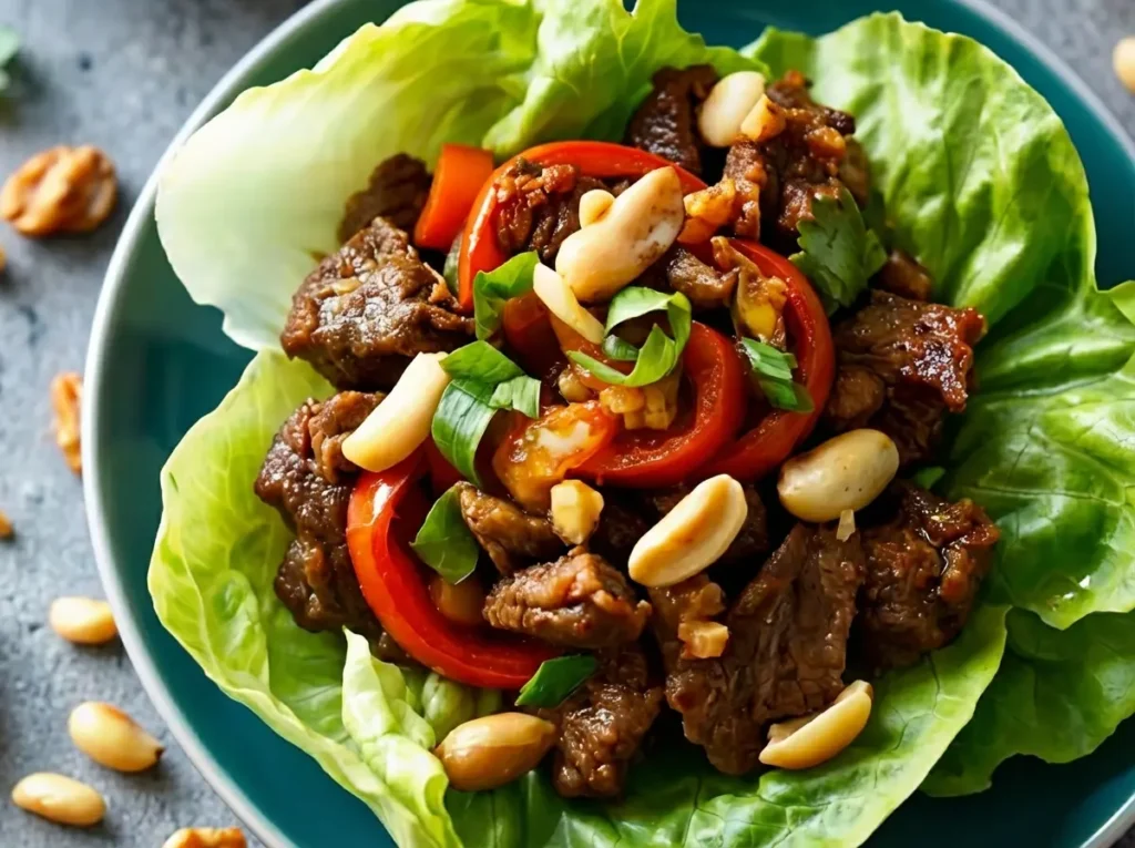 A beautiful close-up of Crispy Beef and Cashew Lettuce Cups on a minimalist dark plate, showcasing the rich brown beef, vibrant red bell pepper, green onions, and scattered cashews, nestled in crisp green lettuce leaves. Shot from a slightly elevated angle, with natural morning light from an east window casting soft shadows on marble countertops. A wooden bowl of whole cashews is artfully blurred in the background, maintaining a clean and tidy presentation with warm tones. (4:3 ratio)