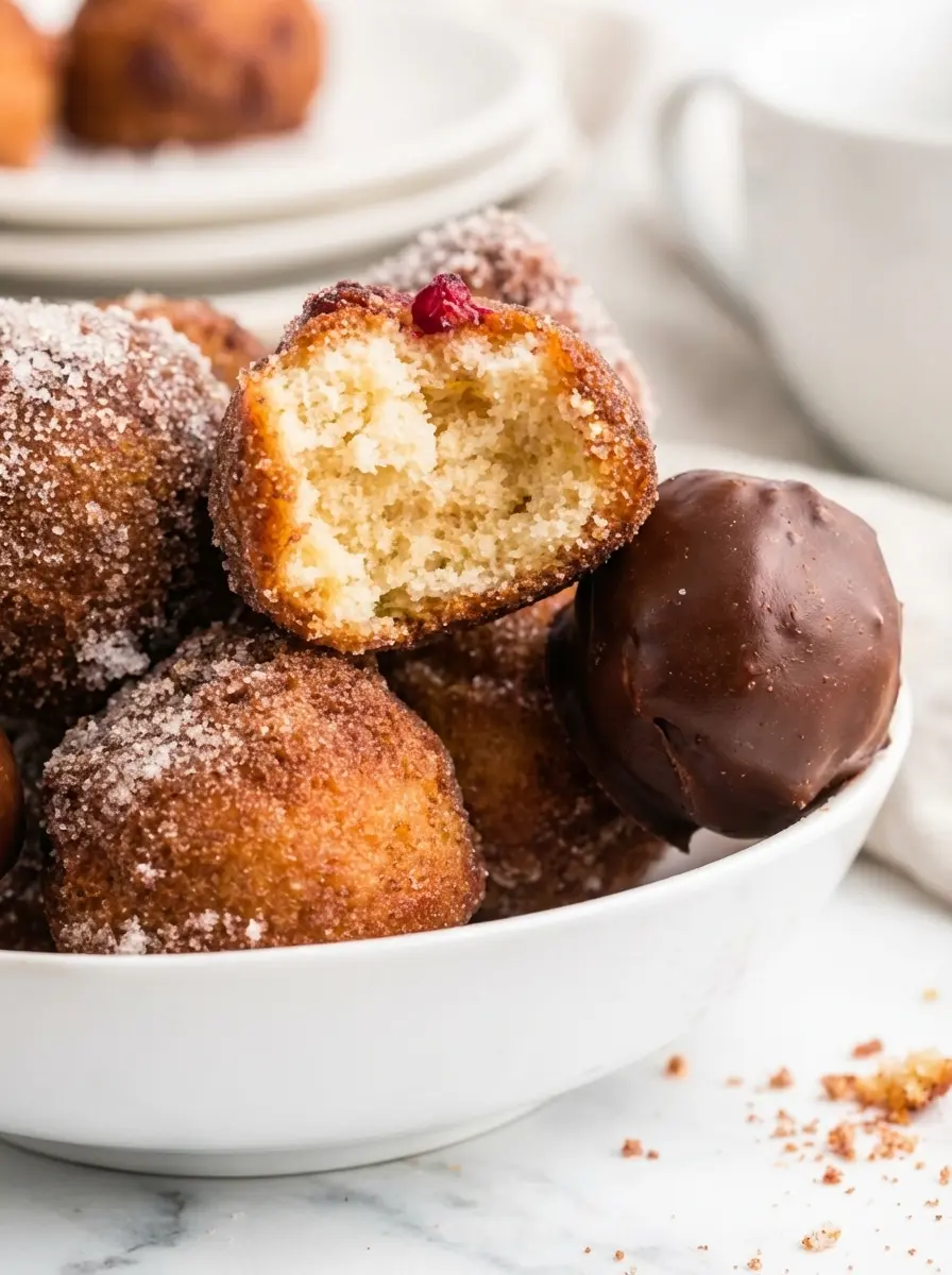 A still life (3:4 ratio) of fresh ingredients for Donut Holes laid out on a clean marble countertop under soft morning light. White ceramic bowls hold flour, sugar, and yeast mixture, with a bottle of milk, a stick of butter, and a couple of eggs neatly arranged. A sprig of fresh herbs (like mint) adds a subtle touch in the background. The same wooden cutting board is subtly visible, and the scene is clean and tidy with warm tones.