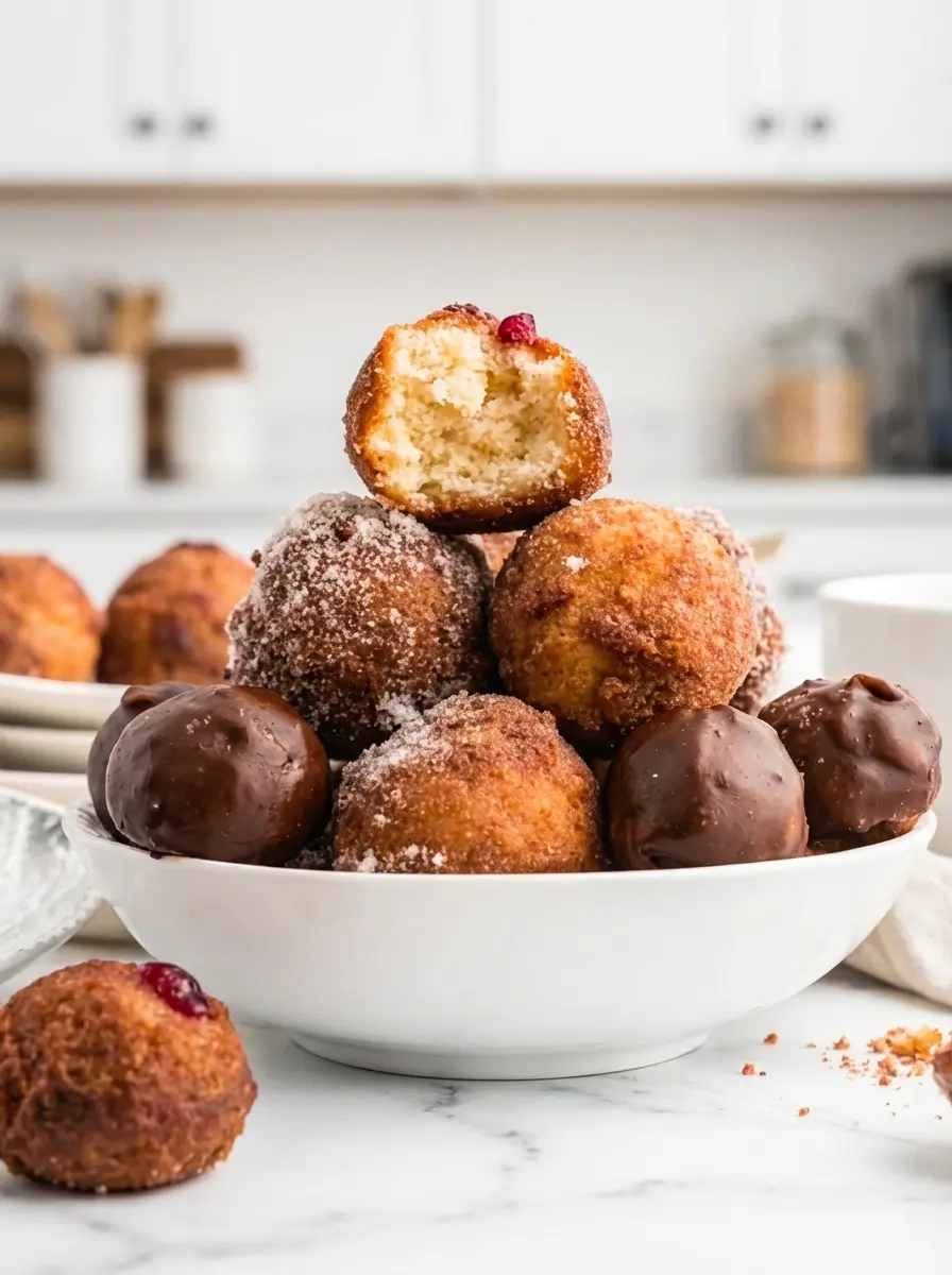 A close-up (3:4 ratio) capturing the process of frying Donut Holes. Several golden-brown donut holes are gently bubbling in hot oil in a pristine stainless steel pot on a stove, with a slotted spoon carefully turning one. The background shows a hint of the marble countertop and warm, natural morning light illuminating the steam from the oil. The focus is on the golden texture and the active frying process, maintaining a clean aesthetic.