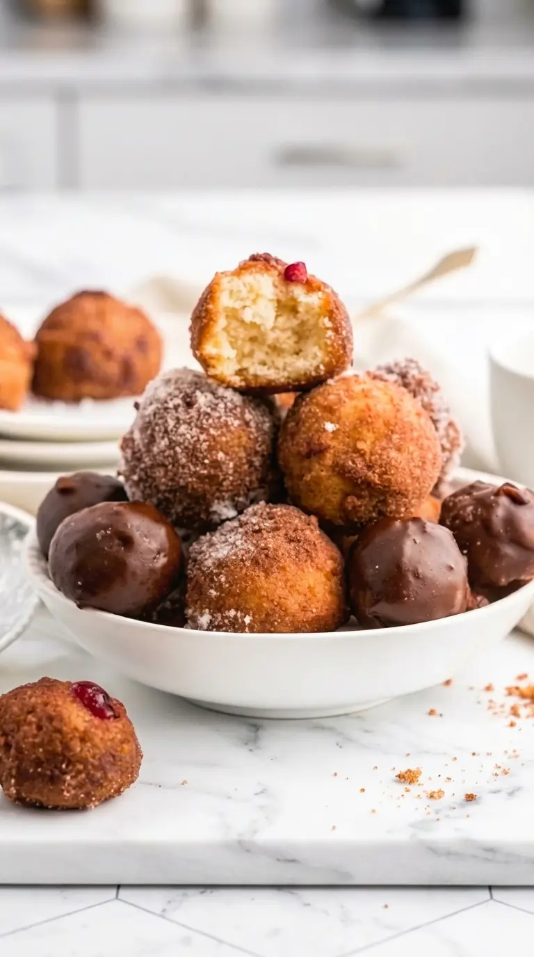 A serving shot (3:4 ratio) focusing on the varied textures and toppings of freshly made Donut Holes. A white ceramic bowl holds a mix of cinnamon sugar, chocolate glazed, and jam-topped donut holes. One cinnamon sugar donut hole is perfectly split open, clearly showing its soft, airy interior. Soft morning light creates inviting highlights on the glaze and sugar crystals. The marble countertop and a faint hint of wood accent are in the background, emphasizing a clean and delicious presentation.