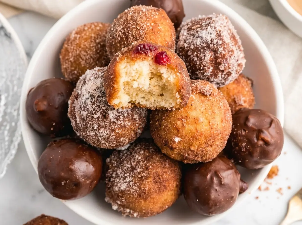 A high-angle shot (4:3 ratio) of a tall, artfully arranged stack of various homemade Donut Holes on a minimalist white ceramic plate. The stack prominently features cinnamon sugar coated donut holes (one with a bite taken out, revealing a light, fluffy interior), rich chocolate glazed donut holes, and golden donut holes topped with a dollop of vibrant red jam. A few powdered sugar dusted donut holes are also visible in the background. The scene is bathed in natural morning light from an east window, casting soft shadows on the marble countertop. A subtle hint of a wooden cutting board is in the background, with the overall tone being warm and clean.