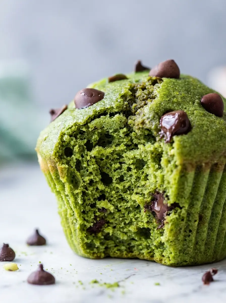 Ingredients laid out for fluffy green spinach muffins: a bowl of vibrant fresh spinach, measured gluten-free flours, plant milk, maple syrup, and vegan chocolate chips arranged neatly on a marble countertop with a wooden cutting board visible. Natural morning light casts soft shadows. No hands visible.