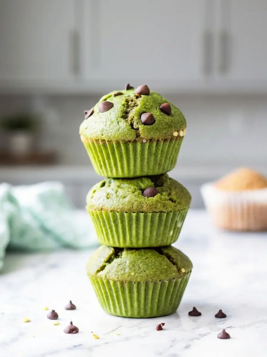 A ceramic bowl filled with bright green, smooth muffin batter, showcasing the vibrant color of the fluffy green spinach muffins. A wooden spoon is resting in the bowl, and a muffin tin lined with green paper cups is partially visible on the wooden cutting board in the background, all under natural light. No hands visible.