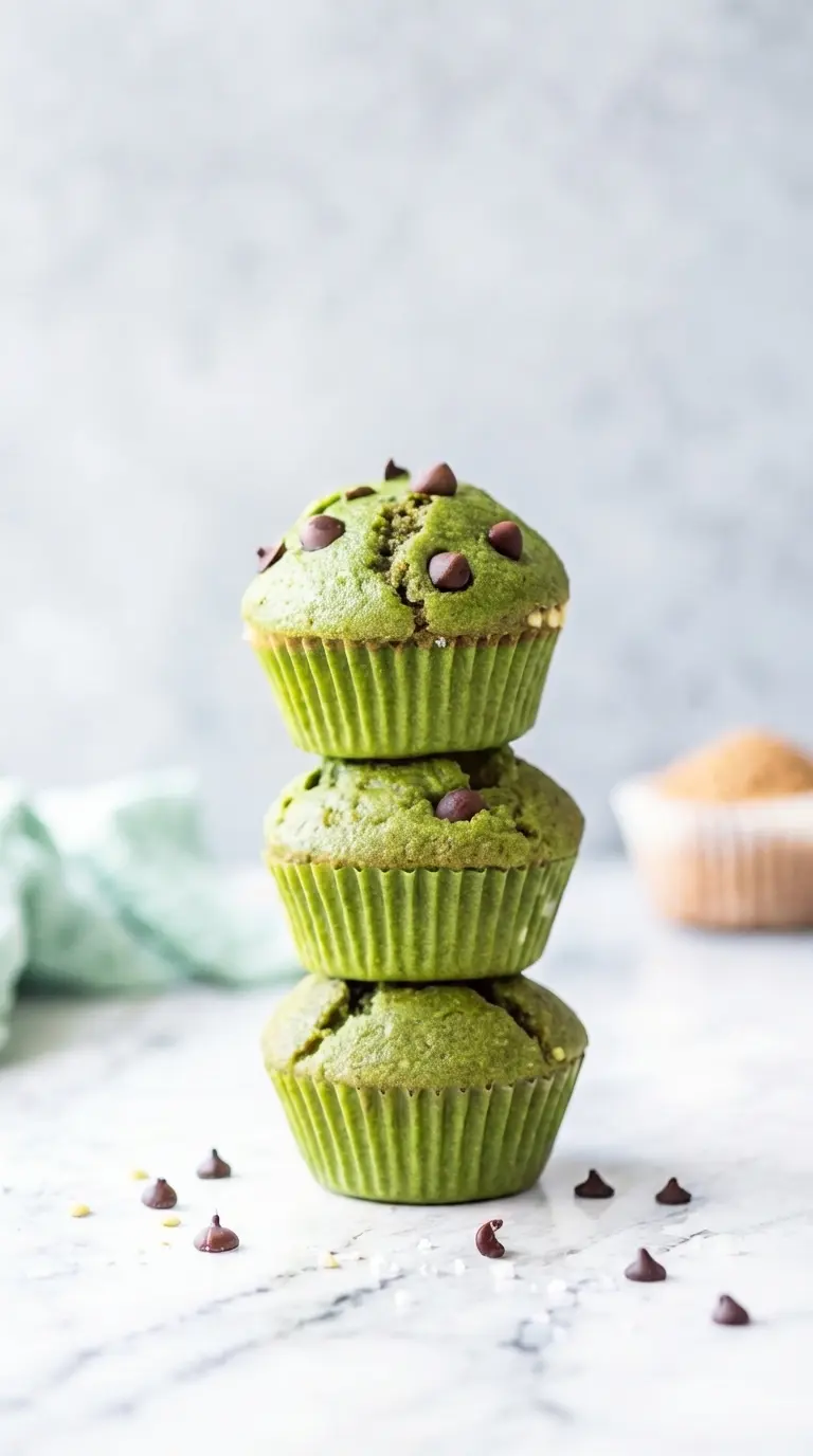 A single fluffy green spinach muffin, topped with white seeds, broken open on a minimalist white plate to reveal its incredibly soft, moist, and green interior. Fresh herbs (e.g., a sprig of mint) are subtly placed nearby on the marble countertop, under soft, warm natural light. No hands visible.