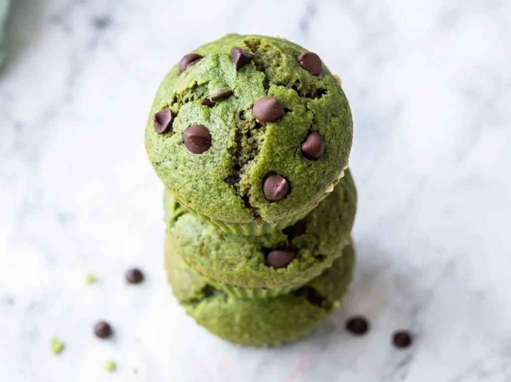 A perfectly stacked tower of three fluffy green spinach muffins on a white marble countertop. The top muffin is generously sprinkled with dark vegan chocolate chips. The middle muffin is plain green, showing its soft texture, and the bottom muffin is topped with small white seeds (hemp hearts or sesame seeds). The scene is bathed in natural morning light, with soft shadows, and a hint of a wooden accent in the blurry background, capturing the essence of a clean, tidy, and warm kitchen. The muffin liners are green.