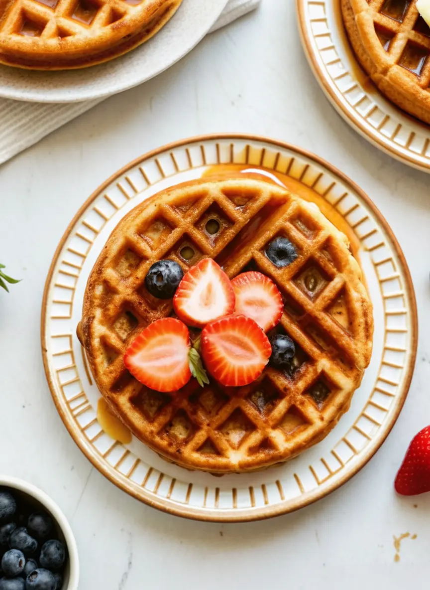 Ingredients laid out for fluffy whole wheat waffles: whole wheat flour, milk, eggs, vanilla extract, and baking powder arranged neatly in minimalist ceramic bowls on a wooden cutting board, next to a bowl of fresh strawberries and blueberries, on a white marble countertop under natural morning light. Soft shadows, warm tones, clean and tidy presentation. No hands or people. (3:4 ratio)