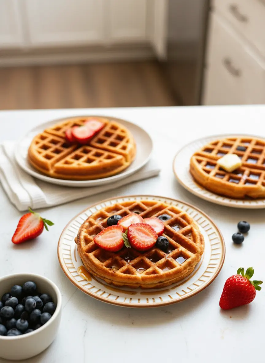 A close-up of a waffle iron cooking a fluffy whole wheat waffle, steam gently rising, showcasing the golden-brown batter filling the grids. Surrounding elements include a small wooden spoon, a bowl of mixed batter, on a white marble countertop with wood accents under natural morning light. Soft shadows, warm tones, clean and tidy presentation. No hands or people. (3:4 ratio)