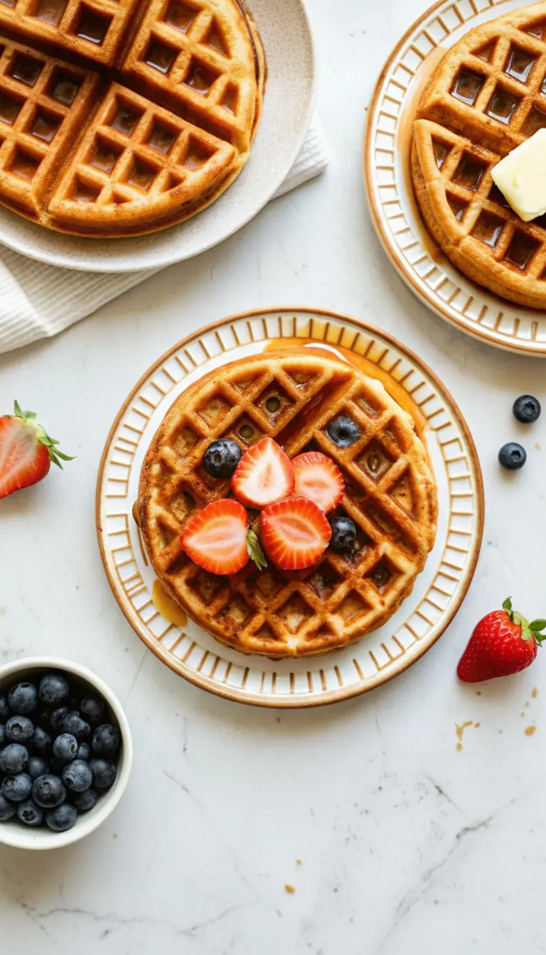 A stack of three golden brown fluffy whole wheat waffles on a minimalist white plate with a subtle gold patterned rim, generously drizzled with maple syrup, and adorned with fresh sliced strawberries and whole blueberries. The waffles show their characteristic crisp texture and deep pockets. The plate sits on a white marble countertop, with a small ceramic bowl of fresh blueberries and a striped linen napkin visible in the background. Natural morning light, soft shadows, warm tones, clean and tidy presentation. No hands or people. (3:4 ratio)