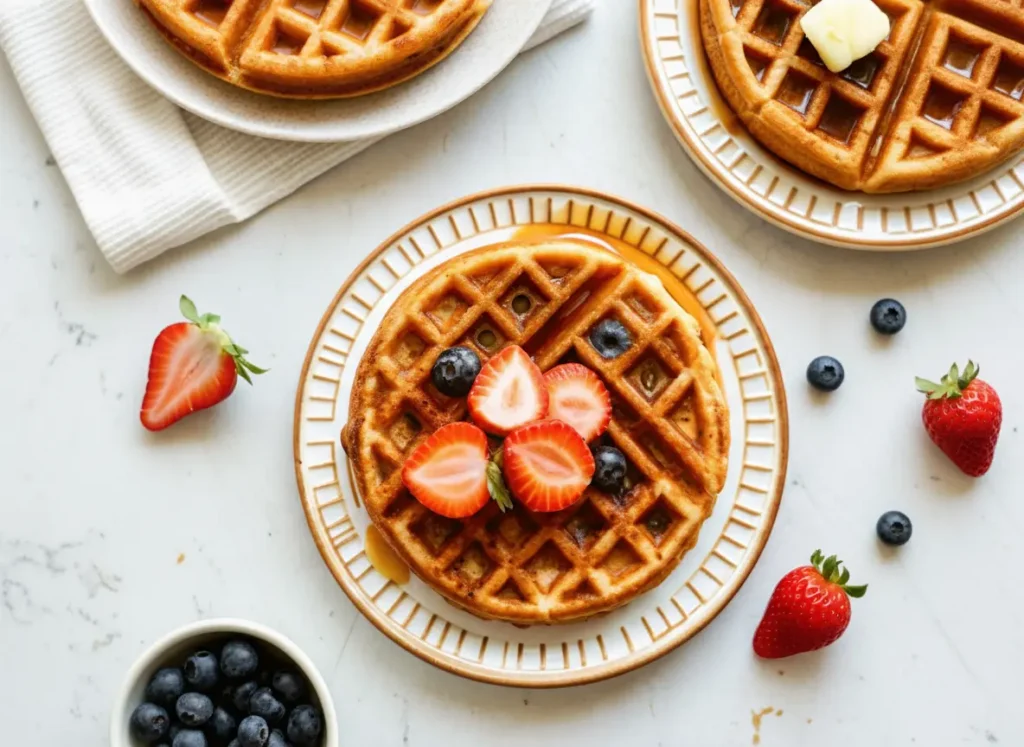 A golden brown fluffy whole wheat waffle on a minimalist white plate with a subtle gold patterned rim, glistening with maple syrup and topped with vibrant sliced fresh strawberries, with a scattering of fresh blueberries and a small glass bowl of syrup slightly out of focus in the background on a clean white marble countertop. Natural morning light from an east window, soft shadows, warm tones, clean and tidy presentation. No hands or people. (4:3 ratio)