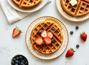 A golden brown fluffy whole wheat waffle on a minimalist white plate with a subtle gold patterned rim, glistening with maple syrup and topped with vibrant sliced fresh strawberries, with a scattering of fresh blueberries and a small glass bowl of syrup slightly out of focus in the background on a clean white marble countertop. Natural morning light from an east window, soft shadows, warm tones, clean and tidy presentation. No hands or people. (4:3 ratio)