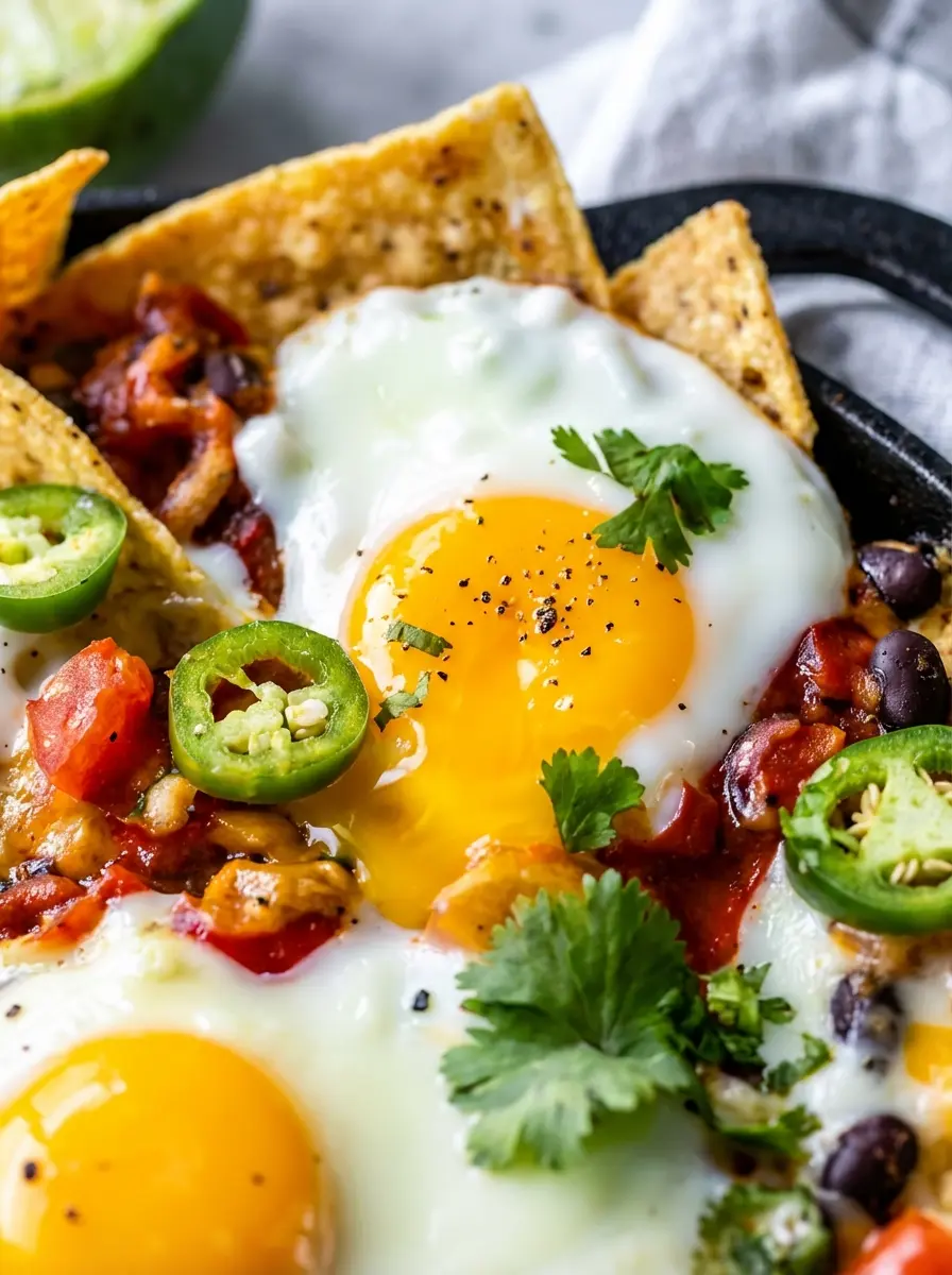 A 3:4 ratio overhead shot displaying all the fresh ingredients for Healthy Mexican Egg Nachos neatly arranged on a wooden cutting board on a marble countertop. Ingredients include a bowl of rinsed black beans, a bowl of fresh salsa, a pile of corn tortilla chips, a whole avocado and one diced, a bunch of fresh cilantro, a small bowl of shredded cheese, and four raw eggs in a ceramic bowl. Natural morning light illuminates the scene, creating soft shadows.