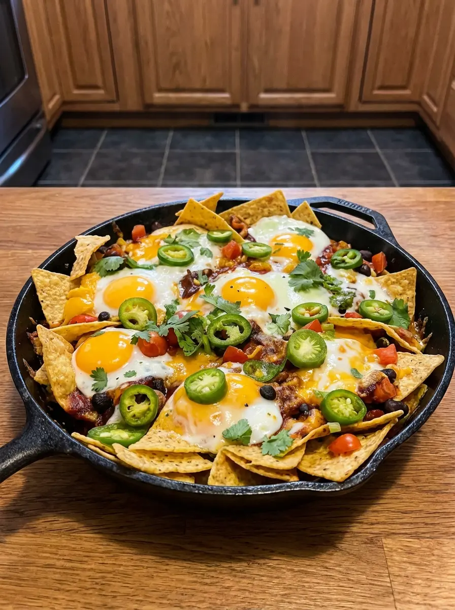 A 3:4 ratio image showing the partially assembled Healthy Mexican Egg Nachos in a cast iron skillet on a marble countertop. The tortilla chips are layered with seasoned black beans, fresh salsa, and sprinkled with shredded cheese, ready to go into the oven. A wooden spoon rests beside the skillet. Natural morning light creates warm tones and soft shadows.