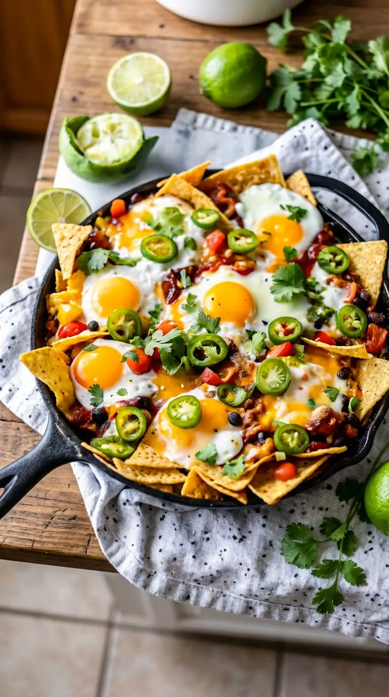 A 3:4 ratio close-up, slightly elevated shot of the finished Healthy Mexican Egg Nachos in a cast iron skillet. The image focuses on the texture: a crispy tortilla chip partially submerged in melted cheese and beans, with a fork gently piercing a runny egg yolk. Fresh avocado, cilantro, and jalapeños are visible. The setting features a marble countertop and soft morning light.