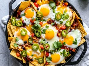 A 4:3 ratio close-up, elevated view of a cast iron skillet filled to the brim with vibrant Healthy Mexican Egg Nachos. Golden tortilla chips are layered with melted orange and white cheese, black beans, diced red tomatoes (salsa), creamy green avocado chunks, fresh green cilantro, and bright green jalapeño slices. Four perfectly fried sunny-side-up eggs with bright yellow, slightly runny yolks and slightly crispy white edges are nestled on top. The scene is bathed in natural morning light, casting soft shadows on a marble countertop with a subtle wood accent in the background. The presentation is clean and tidy, with warm tones.