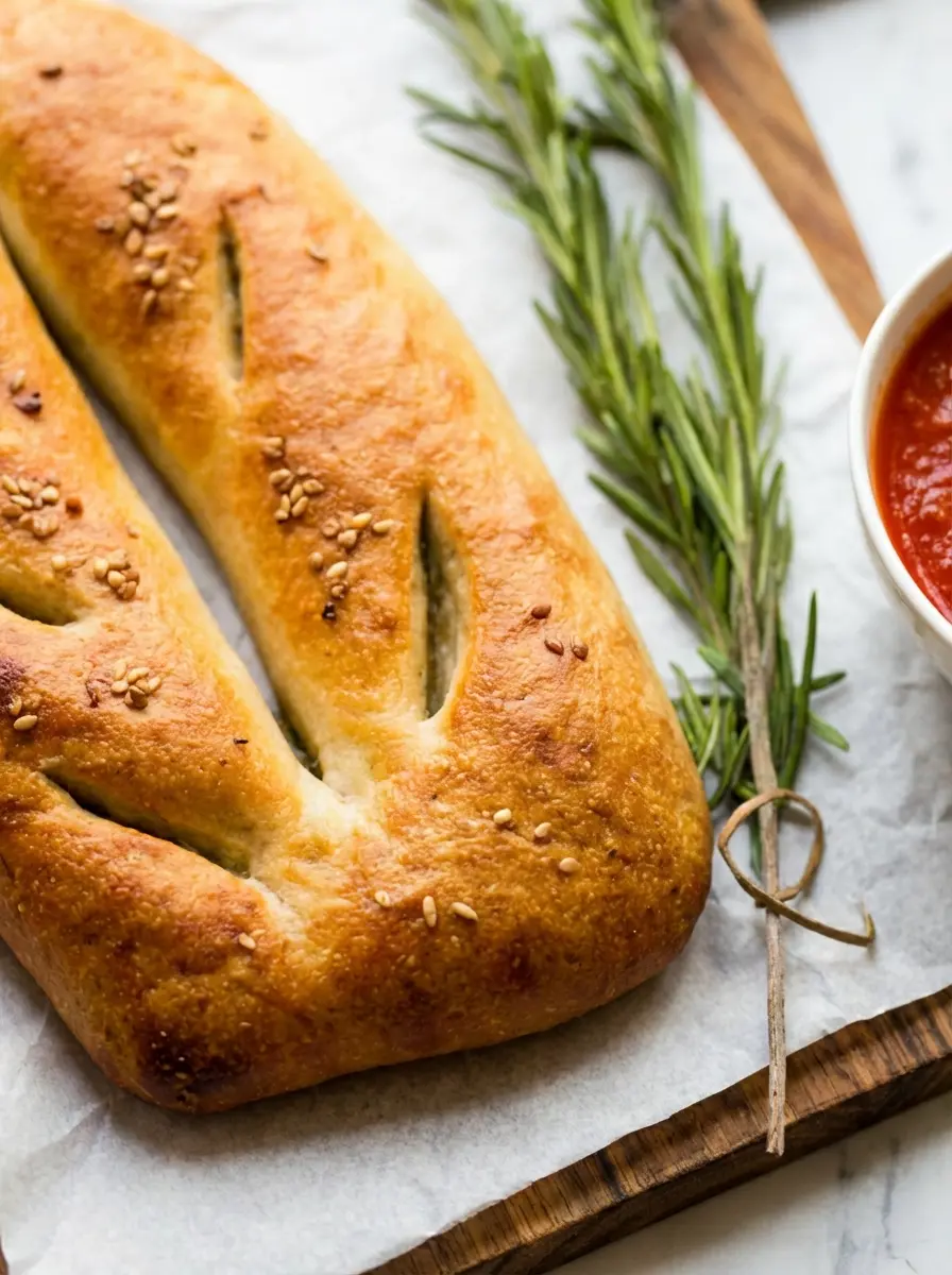 A minimalist white ceramic bowl filled with all-purpose flour, alongside another with active dry yeast, a bottle of olive oil, and a small pile of coarse sea salt on a wooden cutting board, all bathed in natural morning light from an east window on marble countertops. Fresh rosemary sprigs are in the background. Soft shadows, warm tones. No hands or people. (3:4 aspect ratio)