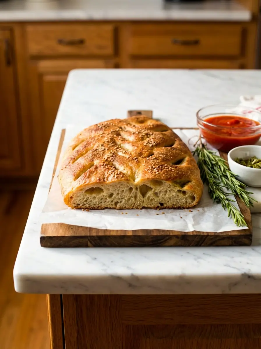 A raw leaf-shaped Homemade Fougasse French-Style Flatbread dough, already scored with the characteristic slashes, resting on white parchment paper on a wooden cutting board, brushed with olive oil and ready for its second proof. Soft morning light from an east window, warm tones, with fresh rosemary visible. Clean and tidy presentation. No hands or people. (3:4 aspect ratio)