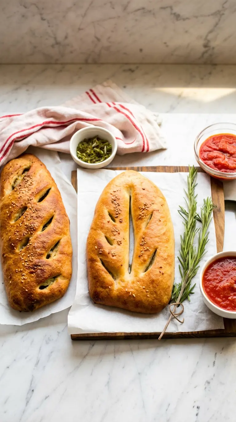 A close-up, slightly angled shot of a golden-brown, baked Homemade Fougasse French-Style Flatbread, showing its crispy, textured crust speckled with coarse sea salt and black sesame seeds. The cuts are defined. It's resting on white parchment paper, with a minimalist white ceramic bowl of red marinara sauce partially visible for dipping on marble countertops. Natural morning light from an east window, warm tones, soft shadows. No hands or people. (3:4 aspect ratio)