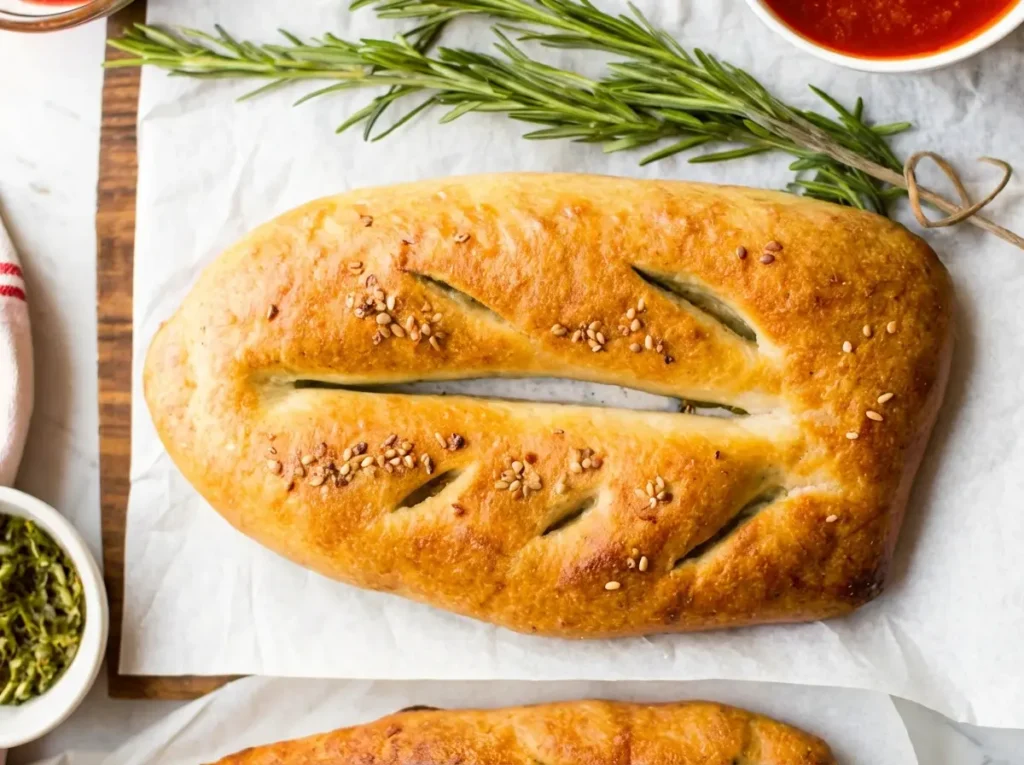 Golden-brown leaf-shaped Homemade Fougasse French-Style Flatbreads, one prominently centered, on white parchment paper on a light wooden cutting board. Coarse sea salt and black sesame seeds are sprinkled on top. A small minimalist white ceramic bowl of bright red marinara sauce and another with a green herb blend (like za'atar) are visible in the background on marble countertops. Fresh rosemary sprigs are placed artfully. Soft morning light from an east window casts gentle shadows, creating a warm, clean, and tidy presentation. No hands or people. (4:3 aspect ratio)
