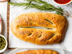 Golden-brown leaf-shaped Homemade Fougasse French-Style Flatbreads, one prominently centered, on white parchment paper on a light wooden cutting board. Coarse sea salt and black sesame seeds are sprinkled on top. A small minimalist white ceramic bowl of bright red marinara sauce and another with a green herb blend (like za'atar) are visible in the background on marble countertops. Fresh rosemary sprigs are placed artfully. Soft morning light from an east window casts gentle shadows, creating a warm, clean, and tidy presentation. No hands or people. (4:3 aspect ratio)