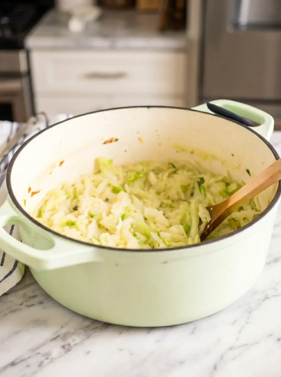 Process shot of gently folding the tender, sautéed green cabbage and leek mixture into a pot of creamy mashed potatoes in a white enamel pot on a marble countertop, creating Irish Potatoes And Cabbage. Natural morning light illuminates the scene, with subtle wood accents and soft shadows, 3:4 ratio.