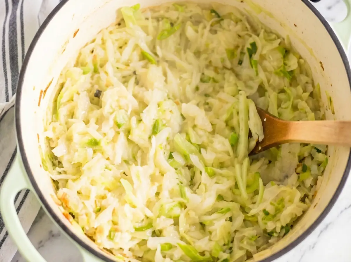 A creamy, golden-green Irish Potatoes And Cabbage dish in a white enamel pot, with a slightly textured, inviting appearance, under soft natural morning light, on a rustic white wooden surface. A fresh wooden cutting board is subtly visible in the background, with a few fresh green herbs scattered nearby. Soft shadows and warm tones enhance the cozy atmosphere, clean and tidy, 4:3 ratio.