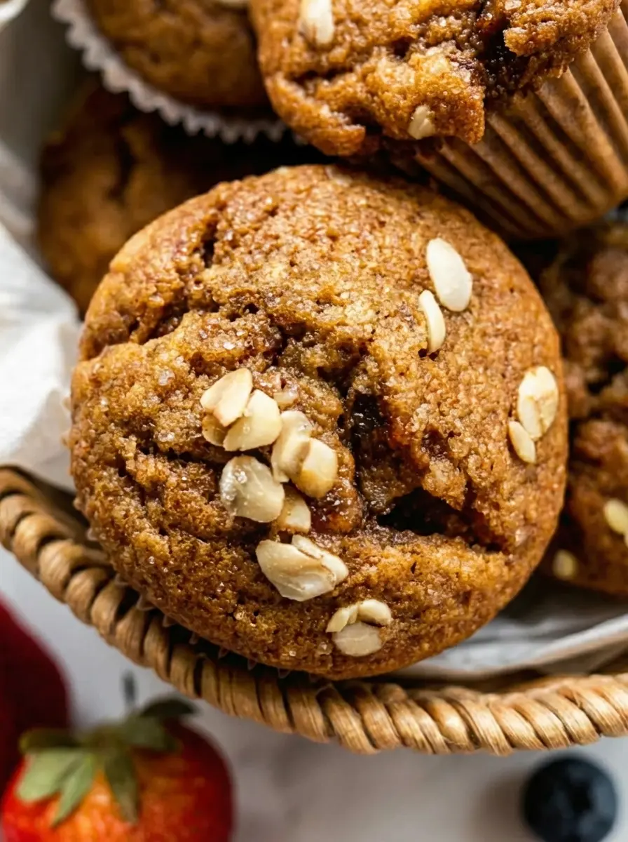 A rustic wooden cutting board holds small bowls of ingredients: a white ceramic bowl with unsweetened applesauce, a minimalist white bowl with dry flour mix, and a small pile of rolled oats. A sprig of fresh herbs is subtly in the background on a marble countertop, under soft natural morning light.