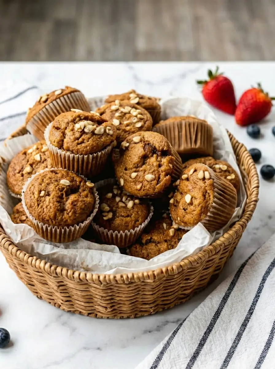 A 12-cup muffin tin, partially filled with golden brown Simply Applesauce Muffin batter in paper liners, ready for the oven. A small bowl of rolled oats sits beside it on a marble countertop. The scene is bathed in natural morning light with soft shadows, highlighting a clean, tidy kitchen.