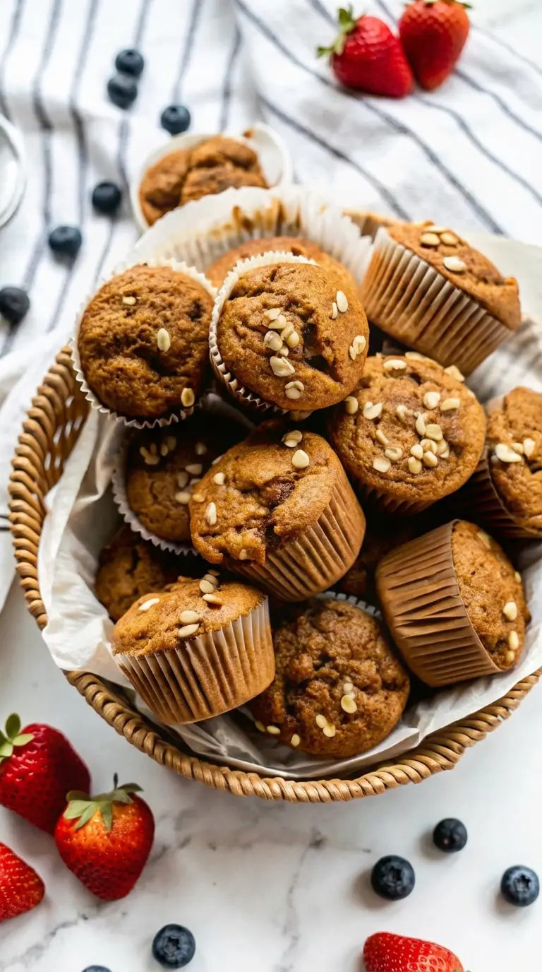 A close-up (3:4) of a single, perfectly baked golden brown Simply Applesauce Muffin, pulled from its white paper liner, showcasing its moist interior and a delicate crumb. It rests on a minimalist white plate next to a small wooden accent, on a marble countertop, with warm natural light.