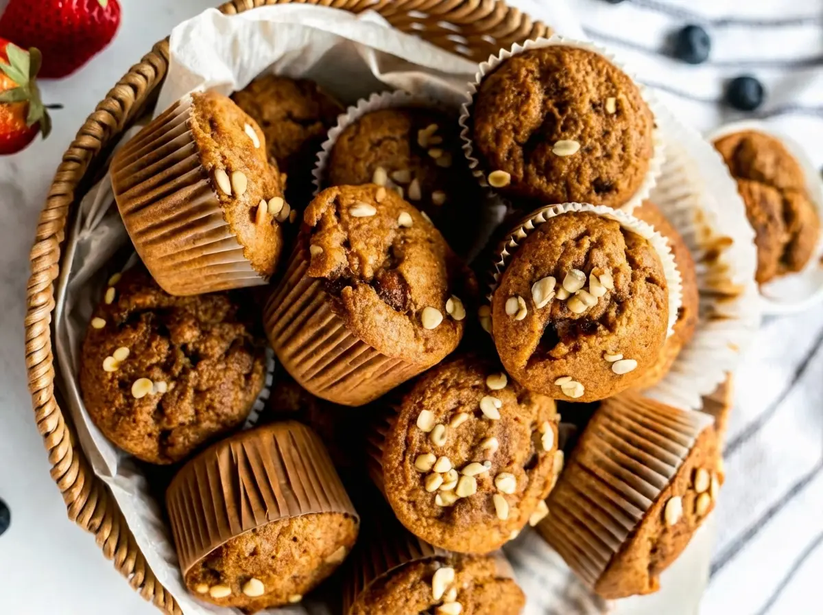 Overhead shot (4:3) of a rustic woven basket filled with numerous golden brown Simply Applesauce Muffins in white and natural brown paper liners, each topped with a scattering of rolled oats. The basket sits on a marble countertop, with glimpses of a white and grey striped cloth, a few fresh strawberries, and blueberries softly blurred in the background, under warm, natural morning light casting soft shadows. The scene is clean and tidy.