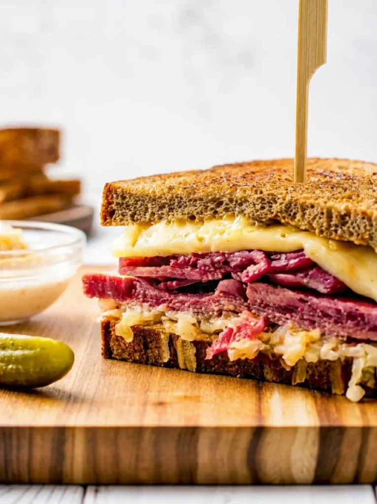Reuben Sandwich Recipe All ingredients for a Reuben sandwich laid out beautifully on a wooden cutting board on a marble countertop: slices of rye bread, thinly sliced corned beef, piles of well-drained sauerkraut, slices of Swiss cheese, and a small bowl of creamy Russian dressing, with fresh herbs subtly in the background under natural morning light. (3:4 ratio)