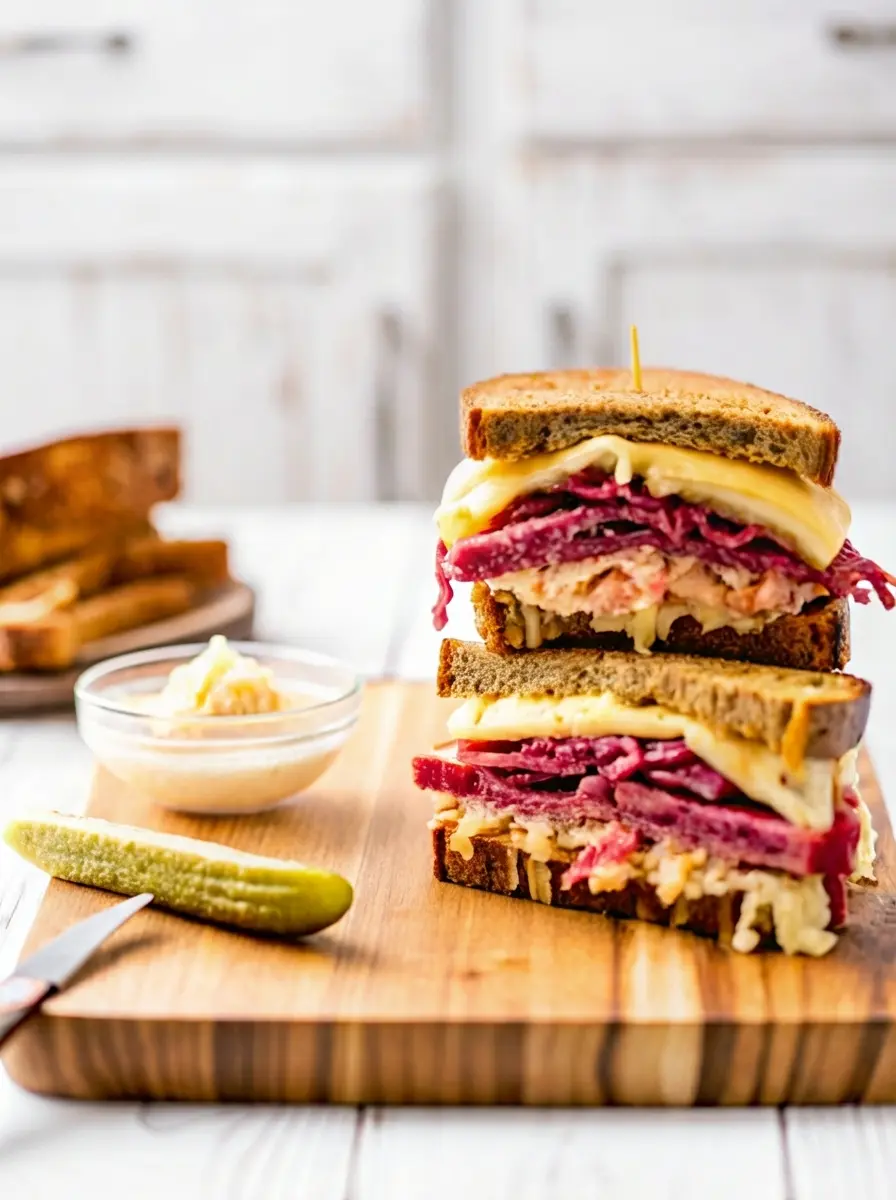 A Reuben sandwich being grilled on a flat griddle or pan, with golden-brown rye bread edges and visible melted Swiss cheese oozing slightly. A metal spatula is gently pressing down on the sandwich. The background shows a light marble countertop with warm tones from natural morning light. (3:4 ratio)