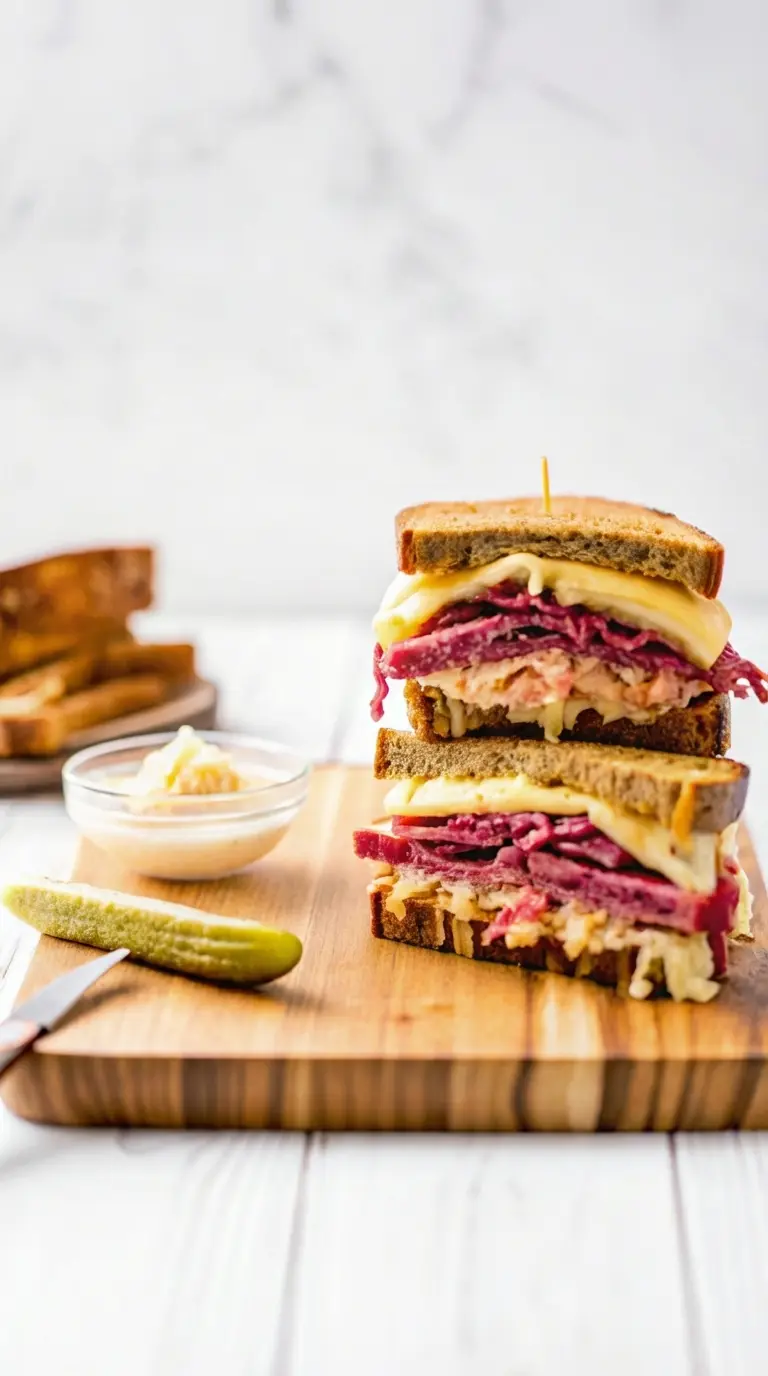 A close-up cross-section of a perfectly grilled Reuben sandwich, showcasing the distinct layers of crispy rye bread, gooey melted Swiss cheese, vibrant corned beef, and tangy sauerkraut. A few fresh dill pickle spears rest on the wooden cutting board beside it. The scene has soft shadows and warm, inviting tones under natural morning light. (3:4 ratio)