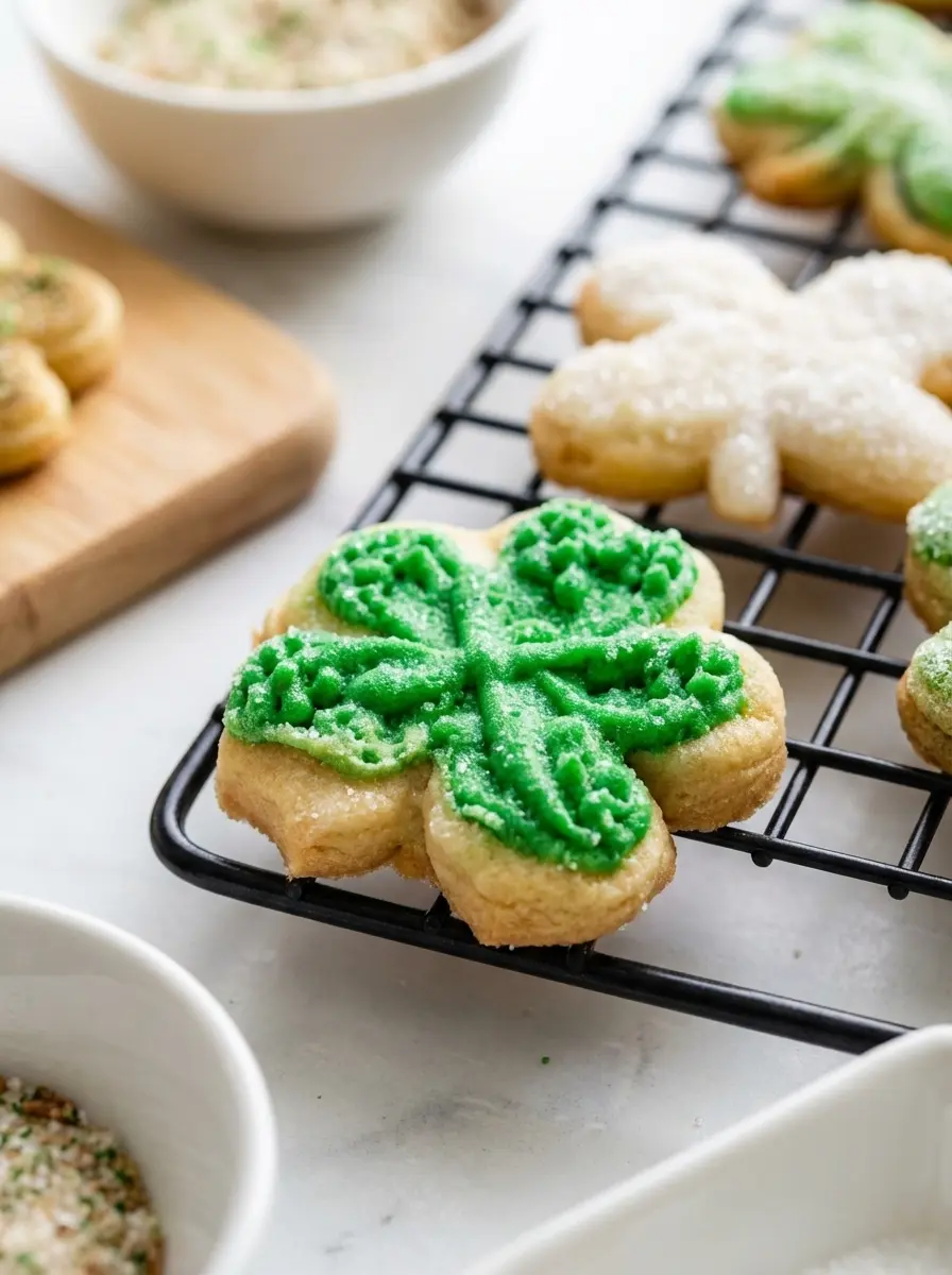 A rustic wooden cutting board on a marble countertop, featuring ingredients for Vanilla Bean St. Patrick’s Day Cookies: ceramic bowls holding flour, sugar, a vanilla bean pod, and a whisk. Unbaked shamrock cookie dough shapes and a shamrock cookie cutter are neatly arranged. Natural morning light from an east window, soft shadows, warm tones, clean and tidy presentation.