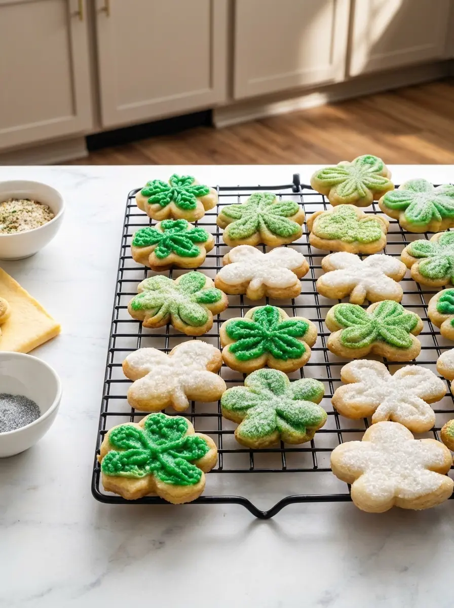 A close-up of a partially frosted shamrock cookie resting on a wooden cutting board. A piping bag with green and white swirled frosting is actively applying the delicate pattern onto the cookie. Other undecorated shamrock cookies are visible in the soft-focus background on the marble countertop. Natural morning light, soft shadows, warm tones, clean and tidy.
