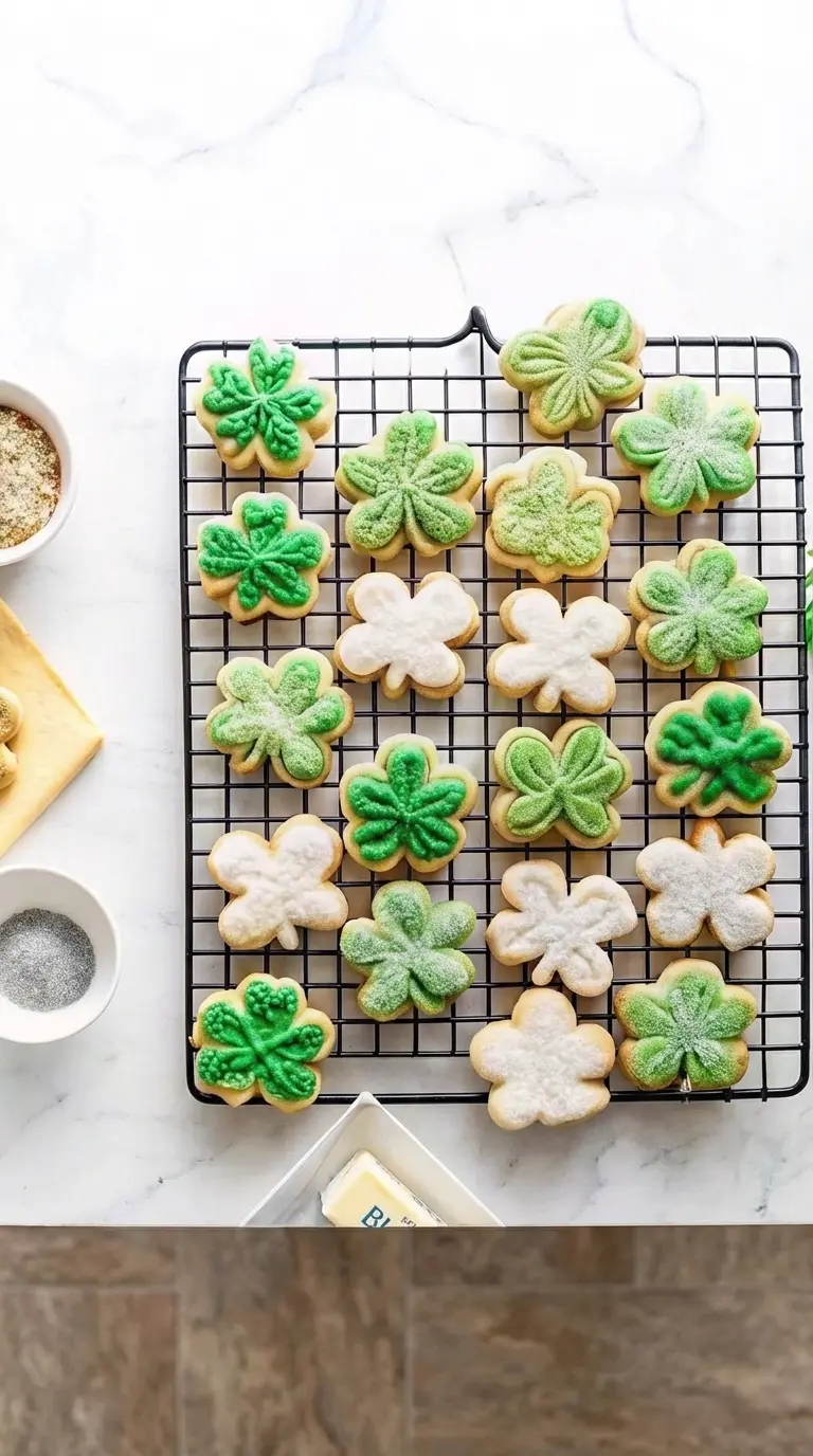 A stack of perfectly decorated Vanilla Bean St. Patrick’s Day Cookies on a minimalist white plate, showcasing the various green and white frosting designs, some with colorful sprinkles, others with gold edible glitter. The plate is on a marble countertop with a subtle wooden accent in the background. A fresh sprig of mint is subtly placed nearby. Natural morning light, warm tones, clean and tidy presentation.