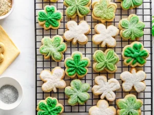 Overhead shot of a beautiful arrangement of decorated shamrock cookies on a wooden cutting board, some with vibrant green frosting, some with green and white swirls, adorned with various festive sprinkles and gold edible glitter. A piping bag with green frosting is visible to the side. Natural morning light from an east window, soft shadows, warm tones, clean and tidy presentation on marble countertops with wood accents.