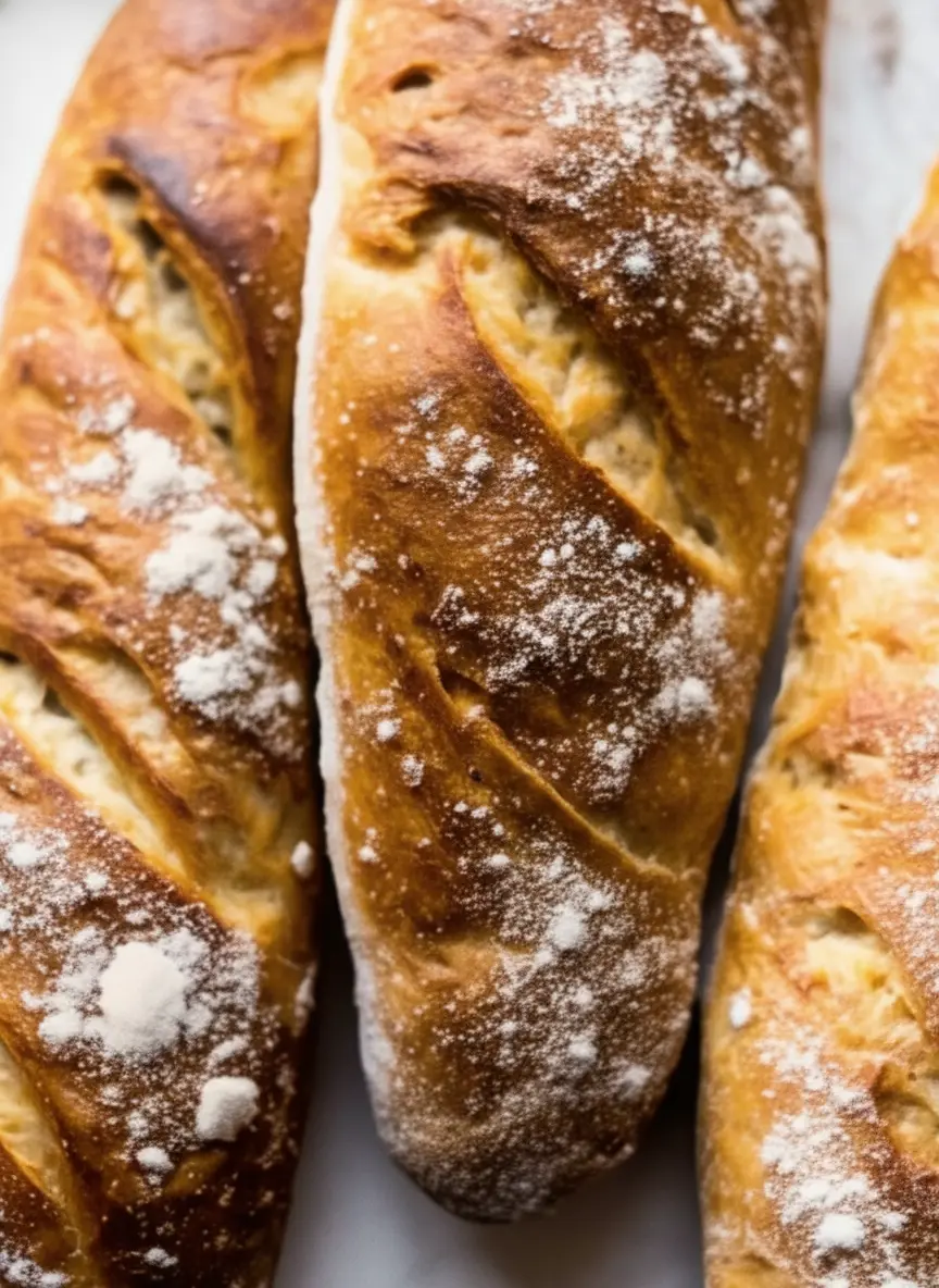 Ingredients laid out for a 4-ingredient artisan bread recipe: A minimalist white ceramic bowl of bread flour, a small bowl of salt, a tiny bowl of active dry yeast, and a glass of warm water, all neatly arranged on a wooden cutting board on a white marble countertop, with fresh herbs visible in the soft-focus background. Natural morning light creates gentle shadows.