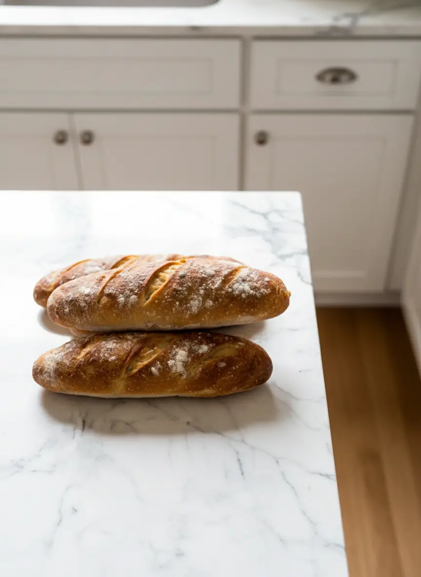 A shaggy, wet artisan bread dough resting in a clear glass mixing bowl on a white marble countertop, showing the development of bubbles and texture from slow fermentation. A wooden spoon rests nearby. The scene is bathed in natural morning light with soft shadows, capturing the genuine love for the process.