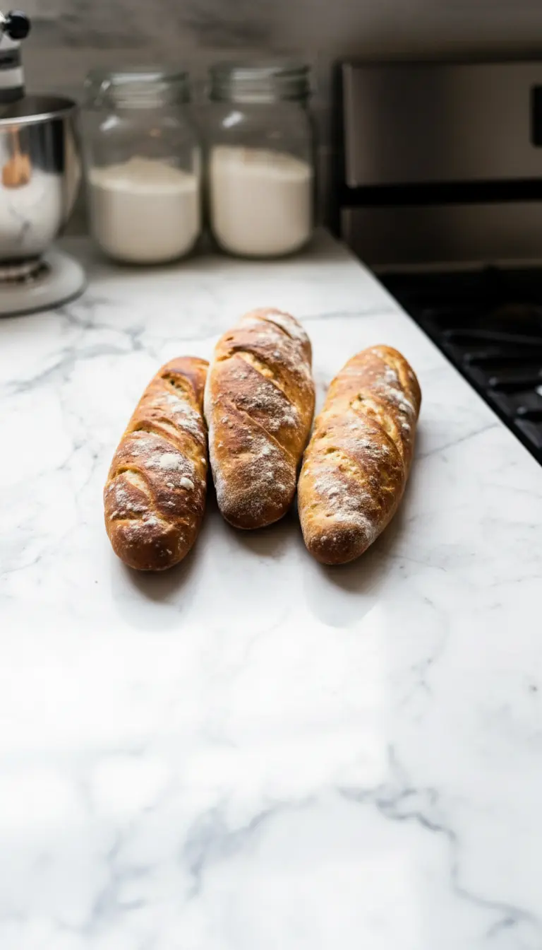 Three freshly baked artisan bread loaves, one sliced to reveal an airy, open crumb texture, resting on a rustic wooden cutting board on a white marble countertop. A small amount of flour dusting remains on the golden, crusty exterior of the unsliced loaves. Natural morning light highlights the textures, with soft shadows and a warm, inviting feel.