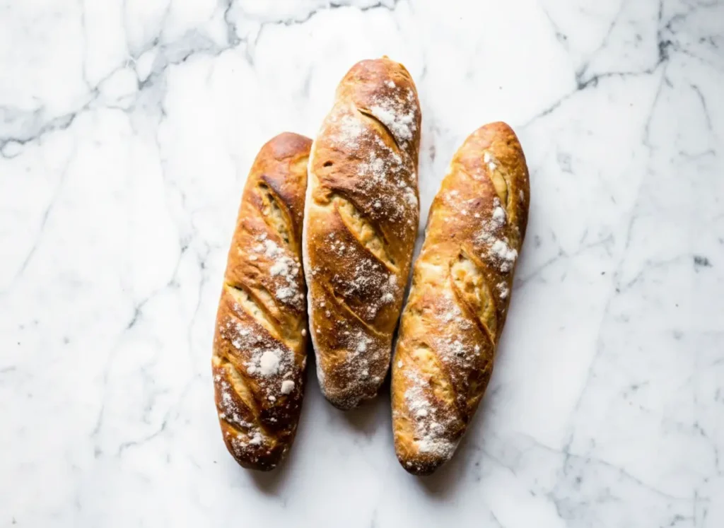 A hero shot (4:3 ratio) of four golden-brown, rustic artisan bread loaves, dusted with flour and scored, arranged artfully on a white marble countertop under soft natural morning light. The loaves exhibit a perfectly crisp, dark golden crust. Warm tones and soft shadows are present, with a clean and tidy presentation.