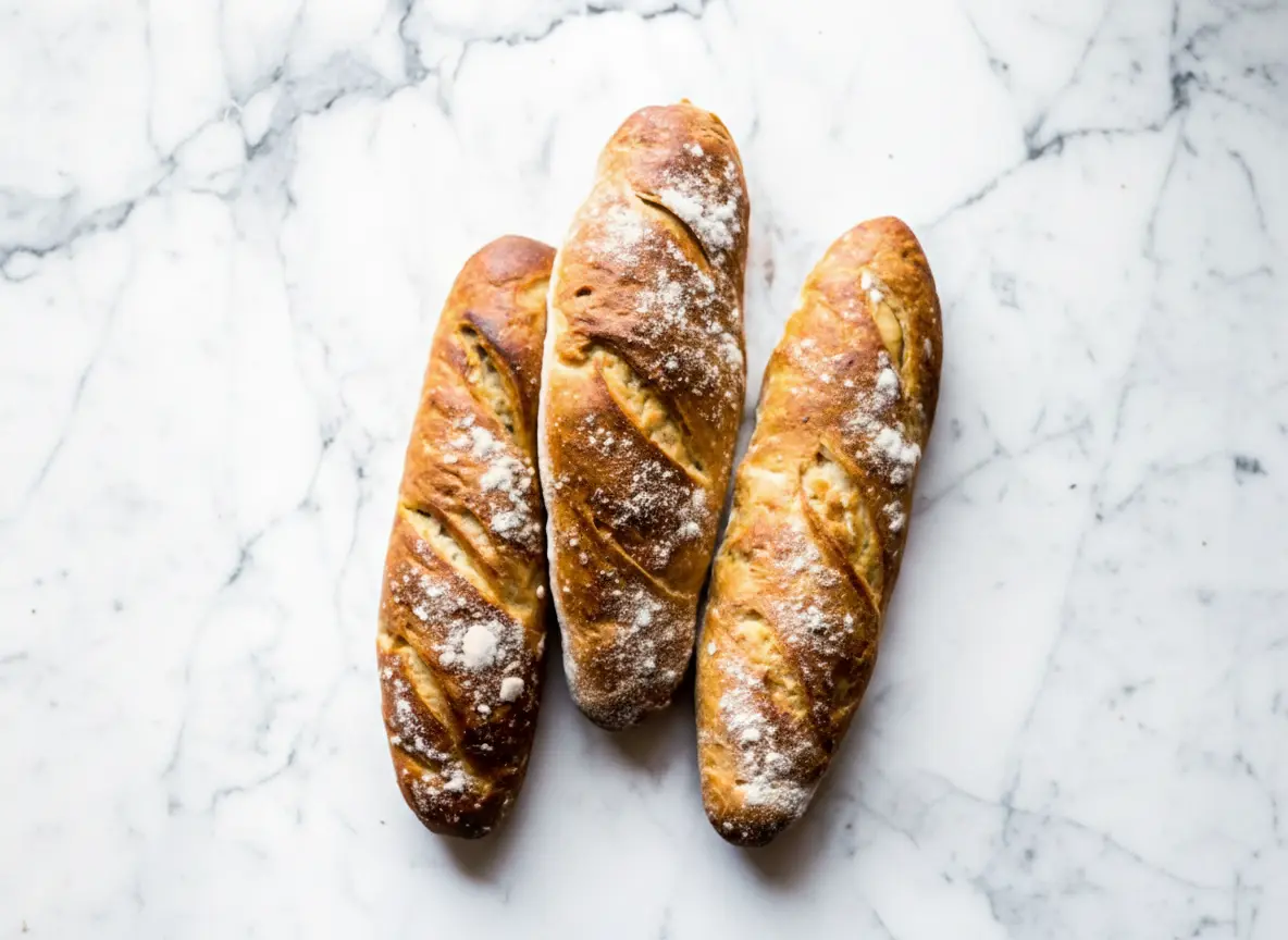A hero shot (4:3 ratio) of four golden-brown, rustic artisan bread loaves, dusted with flour and scored, arranged artfully on a white marble countertop under soft natural morning light. The loaves exhibit a perfectly crisp, dark golden crust. Warm tones and soft shadows are present, with a clean and tidy presentation.