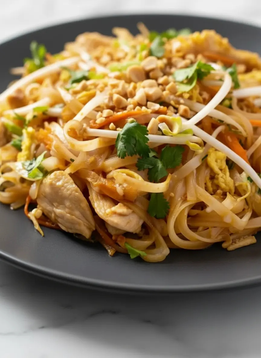 A pristine collection of raw ingredients for Chicken Pad Thai arranged aesthetically on a rustic wooden cutting board set on a marble countertop. This includes dry flat rice noodles, thinly sliced raw chicken breast, a small bowl of tamarind paste, fish sauce, palm sugar, fresh bean sprouts, a whole lime, and a bunch of cilantro. Natural morning light creates soft shadows, and the scene exudes a clean, tidy, and warm tone.