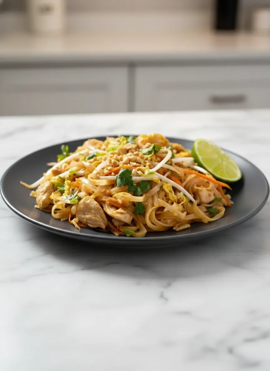 A dynamic action shot of Chicken Pad Thai being stir-fried in a black wok on a stovetop. Noodles, chicken pieces, shredded carrots, and bean sprouts are being tossed together with the Pad Thai sauce, creating visible steam. The wok is on a clean, light-colored stove, with marble countertops and a subtle wood accent visible in the background. Natural morning light illuminates the scene, highlighting the cooking process with warm tones.