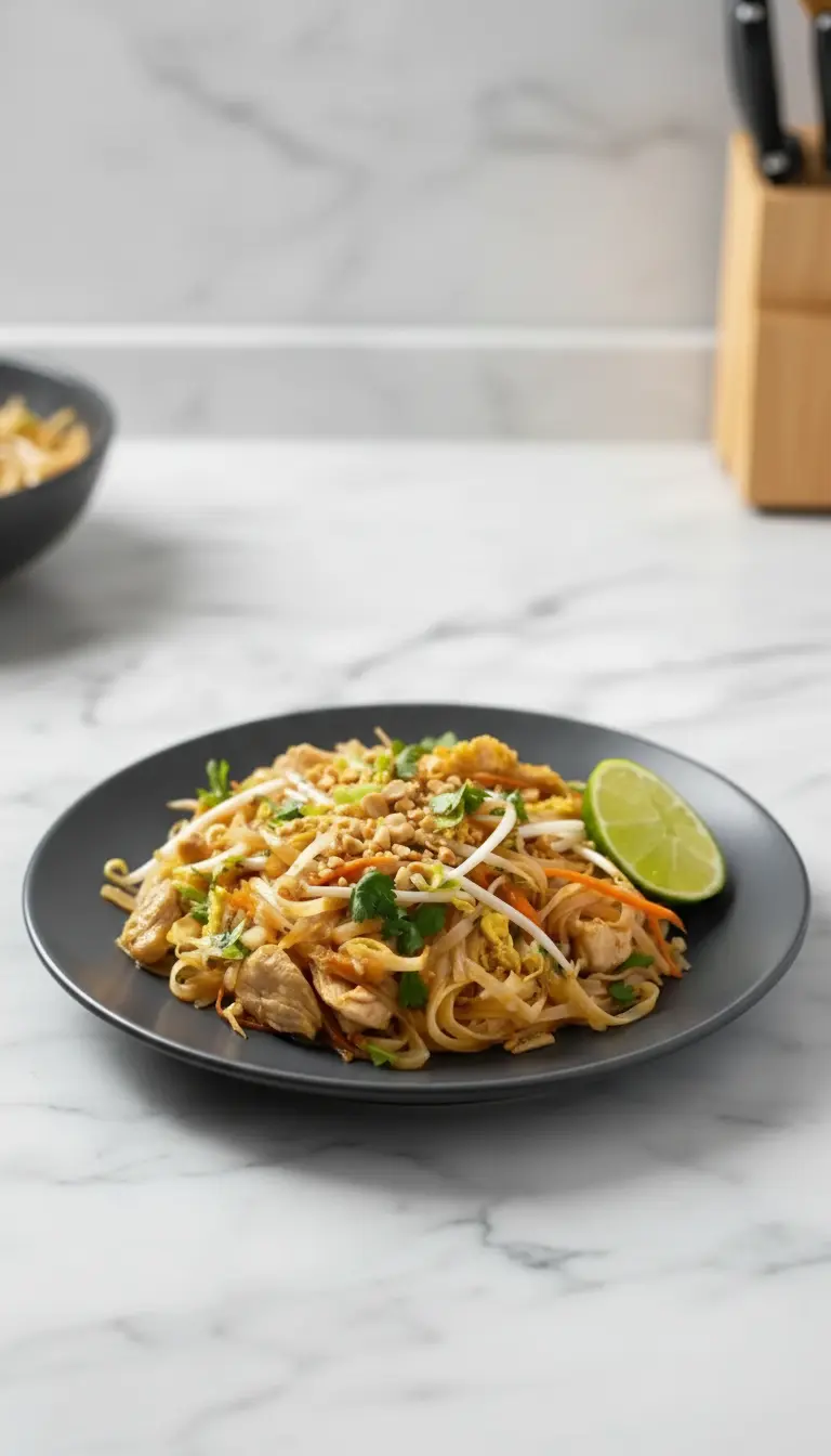 A close-up, angled shot of a portion of cooked Chicken Pad Thai served in a minimalist white ceramic bowl, showcasing the intricate texture of the dish. Focus is on the perfectly coated flat rice noodles, tender chicken pieces, crisp bean sprouts, vibrant cilantro, and crunchy roasted peanuts. A quarter lime wedge rests on the side of the bowl. The bowl is placed on a clean marble countertop under natural morning light, creating soft, warm shadows and emphasizing the inviting texture and fresh garnishes.