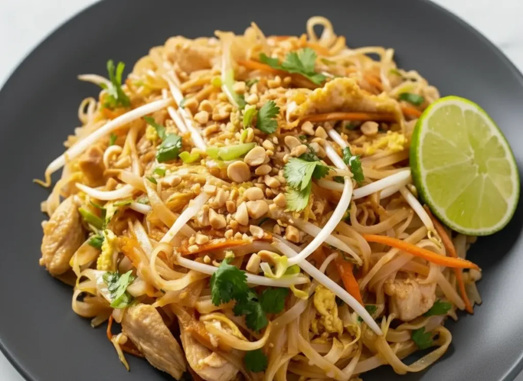 A beautifully plated Chicken Pad Thai on a minimalist white ceramic plate, garnished generously with chopped roasted peanuts, fresh green cilantro, crisp white bean sprouts, and a bright green lime wedge. The flat rice noodles are perfectly coated in a golden-brown sauce, intertwined with tender pieces of white chicken, yellow scrambled egg bits, and orange shredded carrots. The dish is centered on a clean marble countertop, bathed in natural morning light from an east window, casting soft shadows. A wooden accent or cutting board is subtly visible in the background, along with hints of fresh herbs. Warm tones and a tidy presentation.