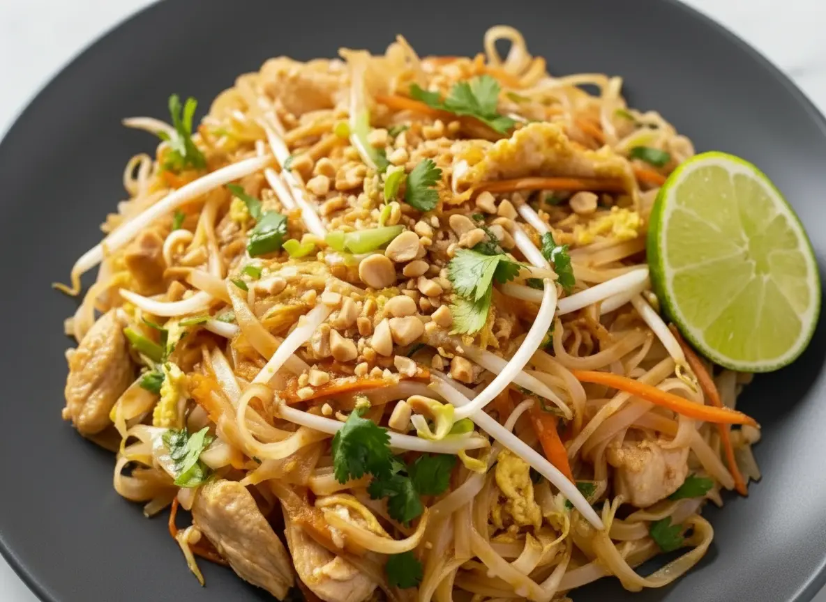 A beautifully plated Chicken Pad Thai on a minimalist white ceramic plate, garnished generously with chopped roasted peanuts, fresh green cilantro, crisp white bean sprouts, and a bright green lime wedge. The flat rice noodles are perfectly coated in a golden-brown sauce, intertwined with tender pieces of white chicken, yellow scrambled egg bits, and orange shredded carrots. The dish is centered on a clean marble countertop, bathed in natural morning light from an east window, casting soft shadows. A wooden accent or cutting board is subtly visible in the background, along with hints of fresh herbs. Warm tones and a tidy presentation.