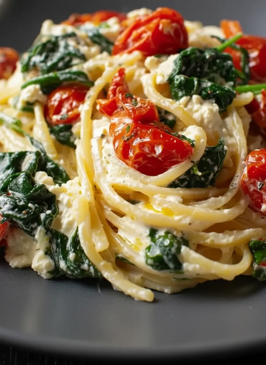 A 3:4 ratio image capturing the ingredients for Baked Feta Pasta laid out on a marble countertop: a block of feta cheese, fresh cherry tomatoes in a ceramic bowl, a head of garlic, a red onion, a bottle of olive oil, and a bunch of fresh spinach. All are artfully arranged on a wooden cutting board with natural morning light and soft shadows.
