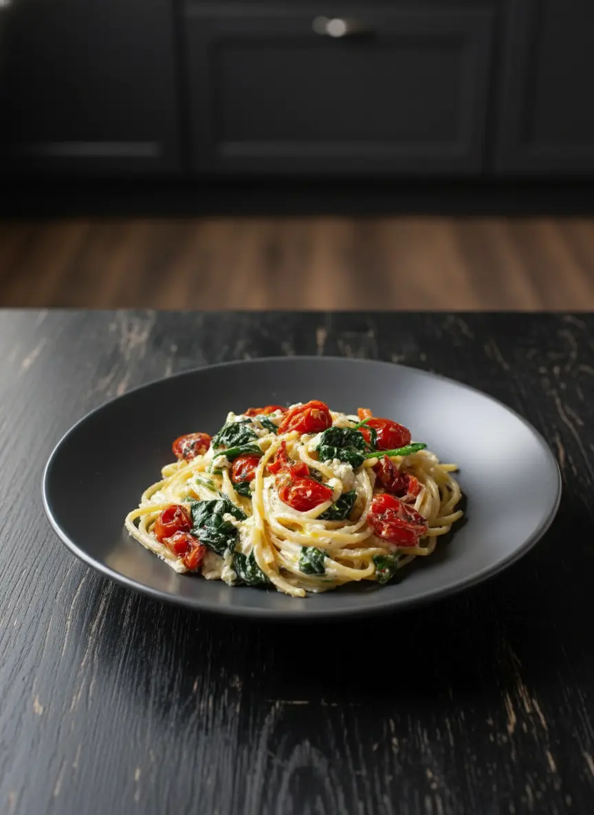 A 3:4 ratio image showing the process of making Baked Feta Pasta: a deep blue ceramic baking dish just pulled from the oven, with the golden, bubbling feta cheese surrounded by burst, softened cherry tomatoes and roasted red onion. A wooden spoon is gently mashing the ingredients together to form the creamy sauce, with steam subtly rising. Natural morning light highlights the textures.