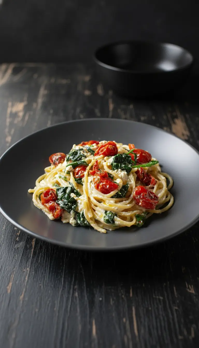 A 3:4 ratio image focusing on the texture and serving of Baked Feta Pasta: a close-up of spaghetti coated in the creamy white sauce, studded with vibrant red roasted tomatoes, dark green spinach, and visible red onion slices. The pasta is twirled around a serving fork, lifting some strands from a deep blue ceramic bowl. The scene is brightened by natural morning light, emphasizing the glossy sauce and fresh herbs in the background on the marble countertop.